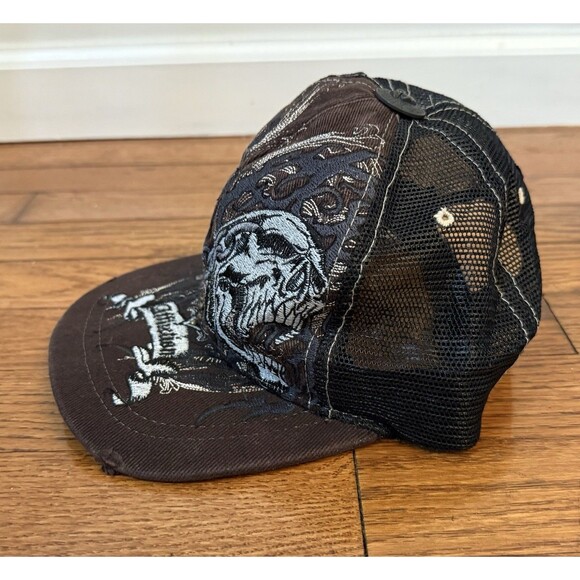 Vintage Affliction Double Skull Chain Cross Trucker Snapback Hat Brown One Size - Picture 6 of 11
